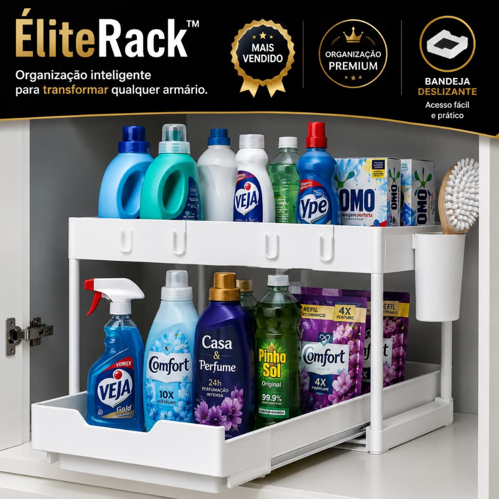 Organizador Multiuso 2 Níveis com Bandeja Deslizante ÉliteRack™ para Armário, Cozinha, Banheiro, ou Lavanderia.