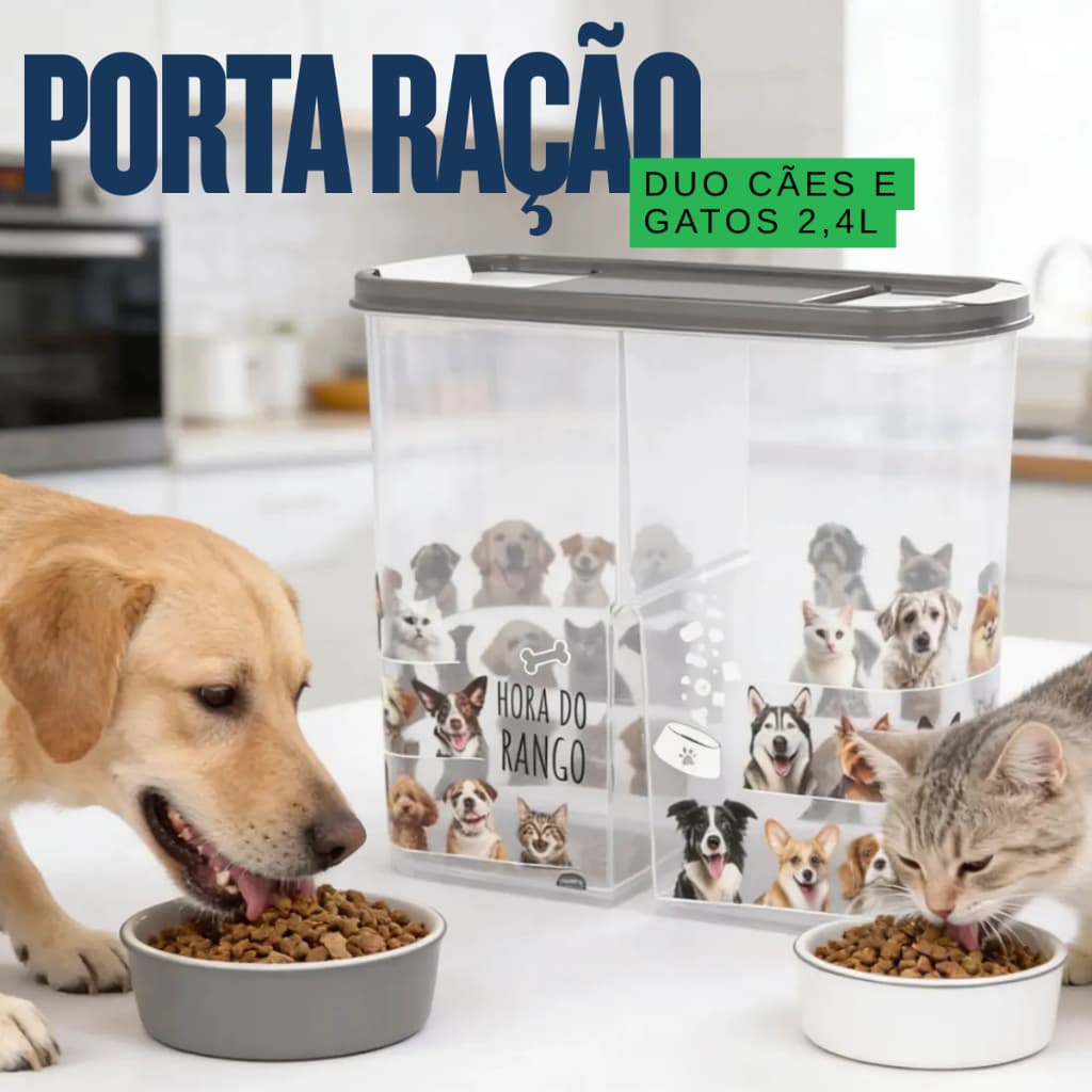 Pote Porta Ração para Pet 2,4L com Tampa Dispenser duplo separado gato, cachorro petiscos ração Plasútil