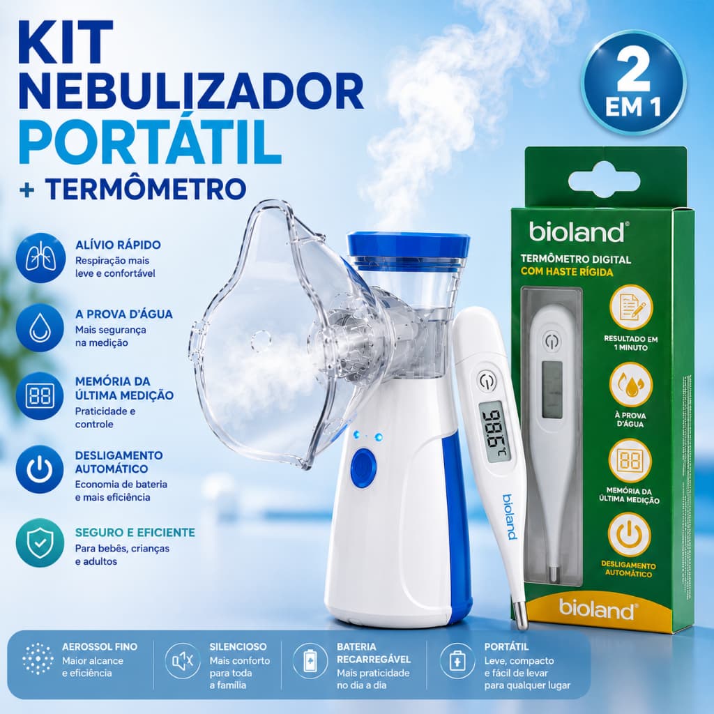 kit nebulizador portatil utrassonico inalador + termometro digital bioland