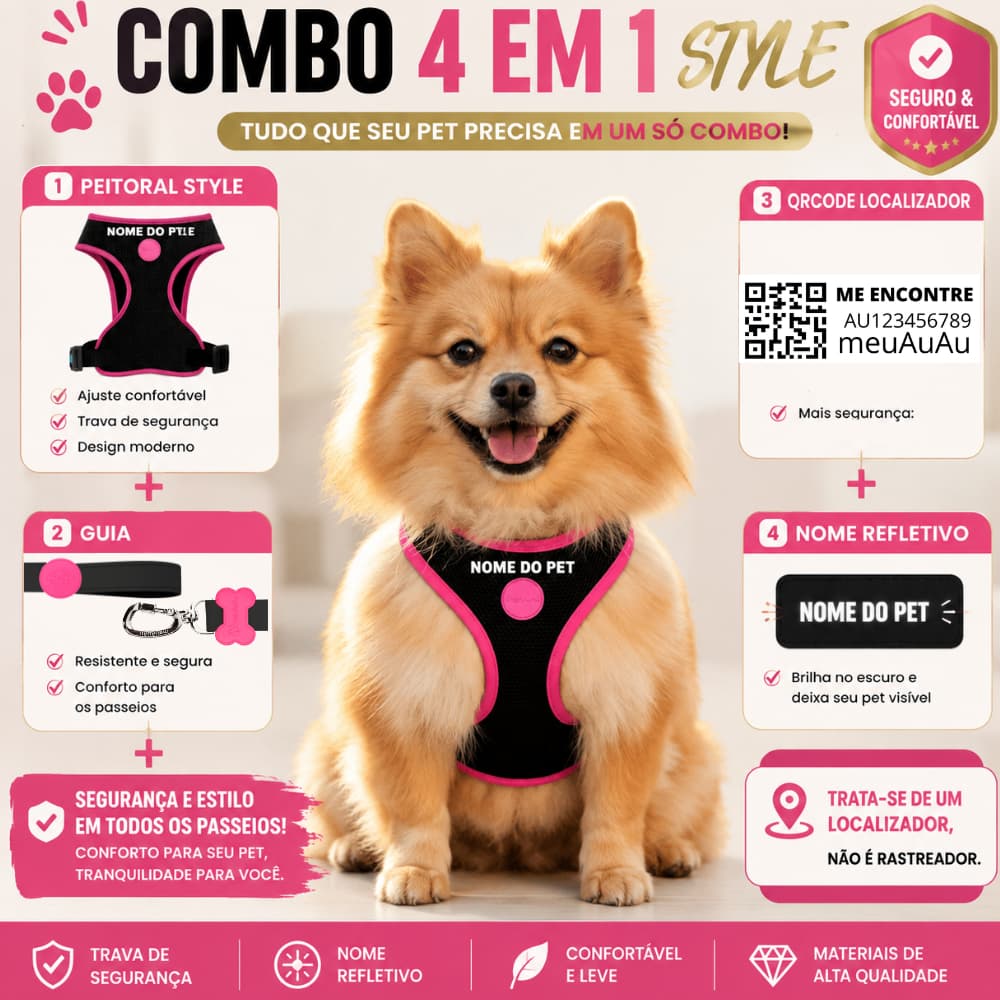 Kit 4 Em 1 Peitoral Para Cachorro Guia, Localizador E Nome Personalizado todas raças e tamanhos