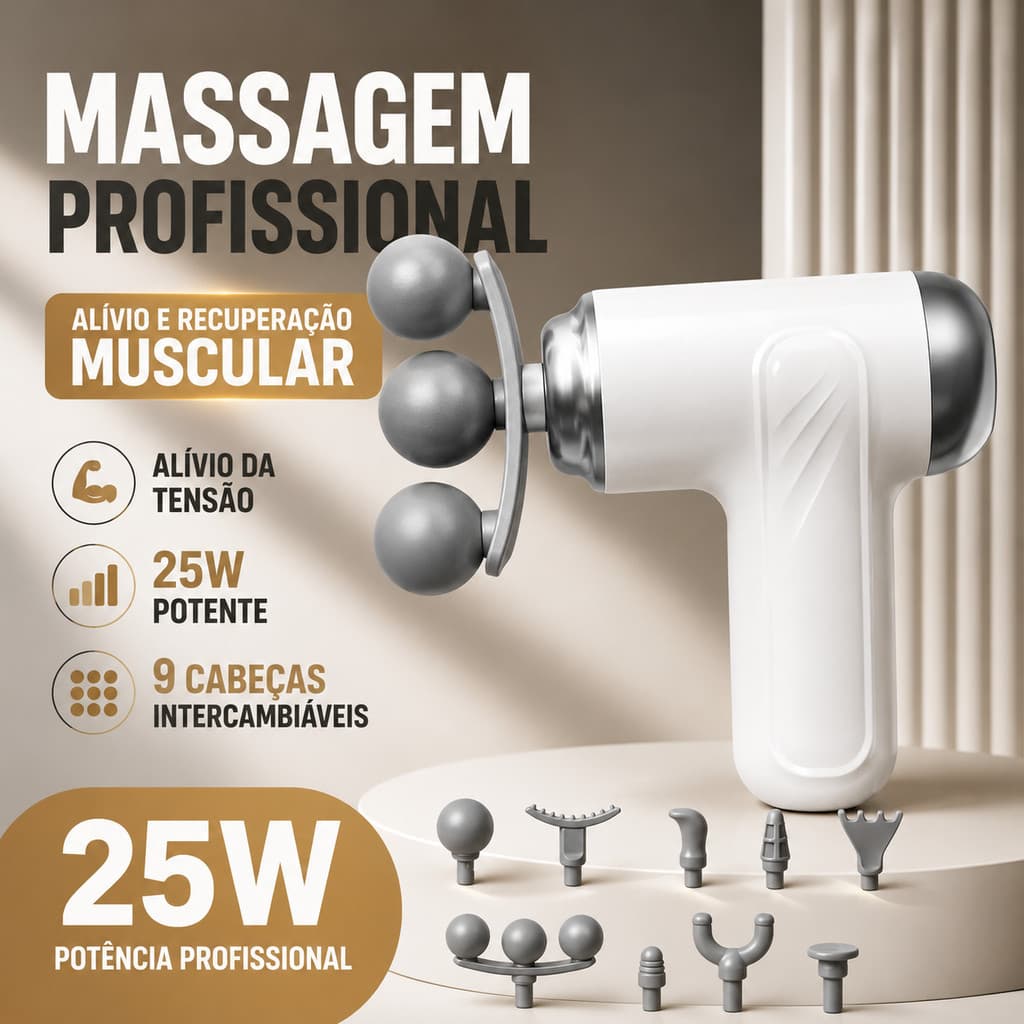 Massageador Corporal Profissional 25W Recarregável USB-C com 9 Ponteiras para Alívio Muscular Pinduoduo