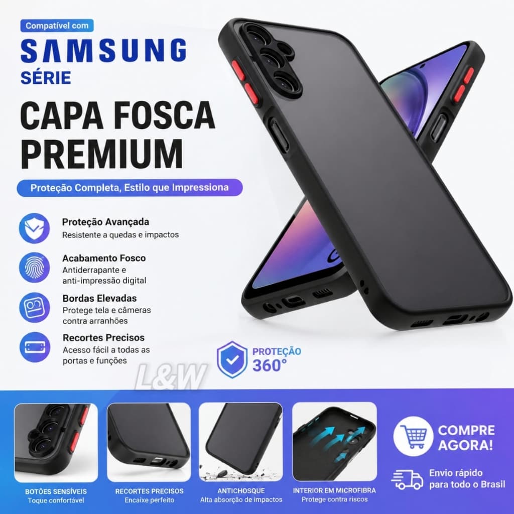 Capa de Celular Fosca Translúcida Premium Anti-impacto com Proteção de Câmera para Samsung S22/S23/S24/S25/A55/A15/A52