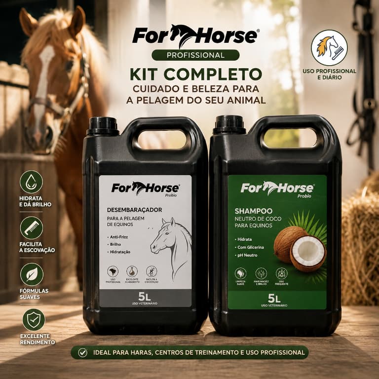 Kit Shampoo Coco + Desembaraçador For Horse 5L Para Equinos Hidratação Brilho Uso Profissional 10 Litros