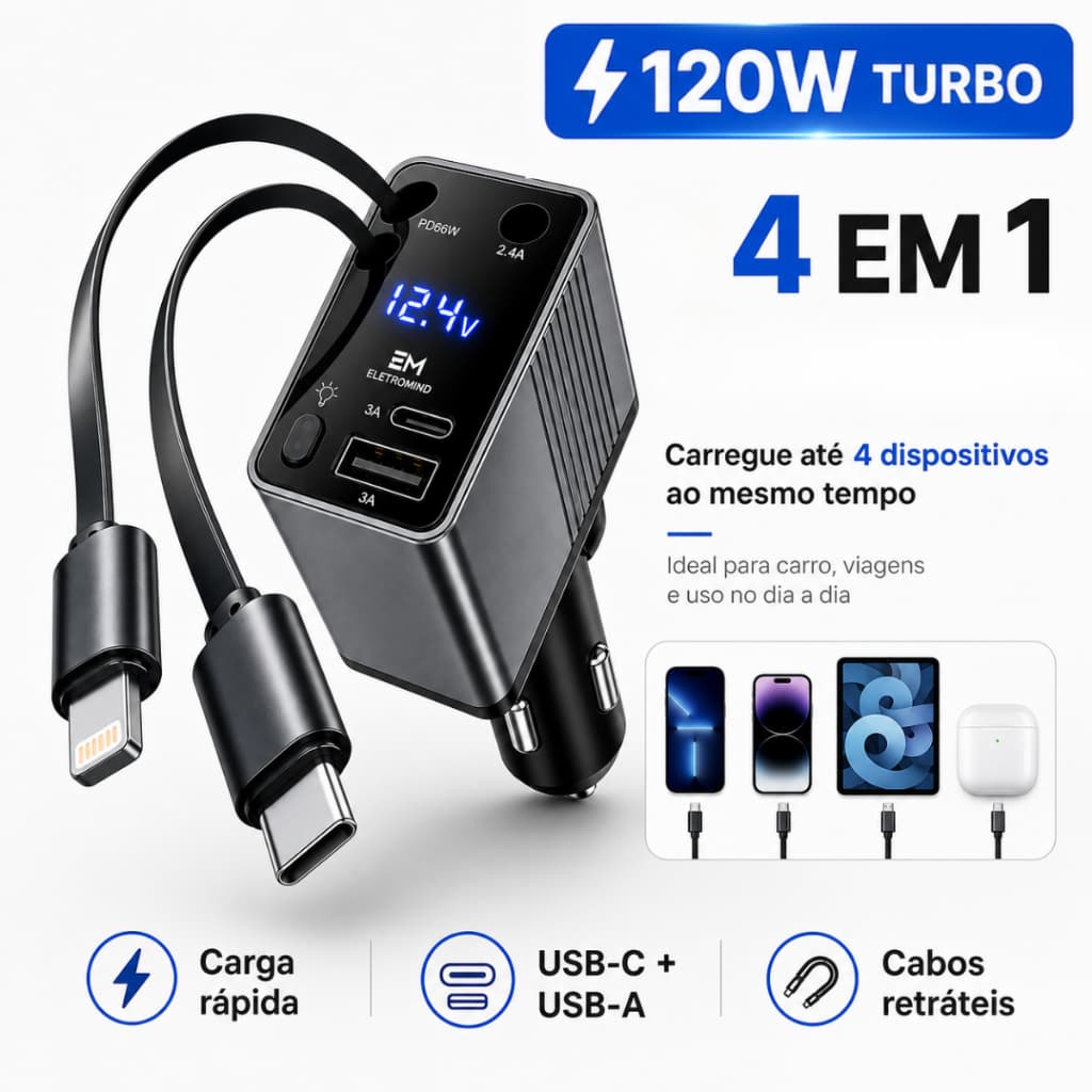 Carregador Veicular Retratil 4 em 1 com Giro 180° Carregador de Carro Retrátil Carregador Rápido Para Carro