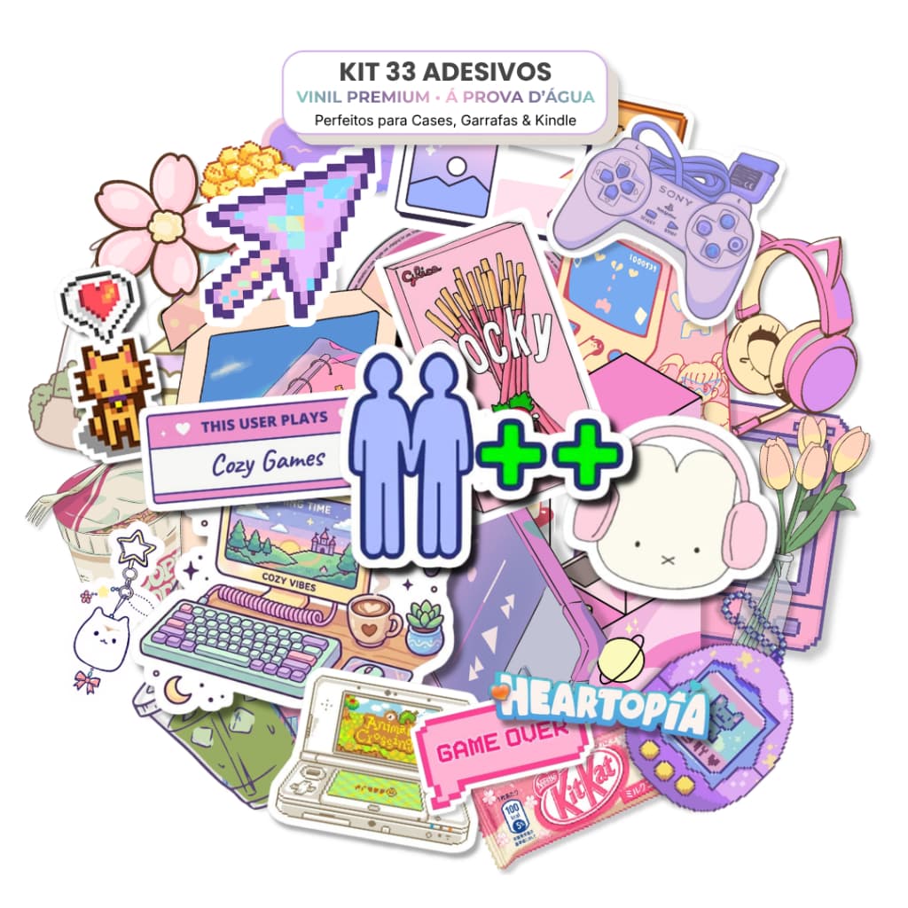 Kit 33 Adesivos Cozy Kawaii Games Vinil Premium Papelaria Fofa Chill Vibes Cute Gaming Gamer & Cozy