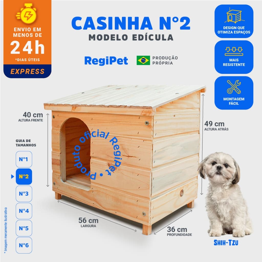 Casinha para Cachorro e Gato de Madeira Pinus Nº 2 (Pequenos) – Modelo Edícula RegiPet – Shih Tzu, Poodle Toy e Maltês