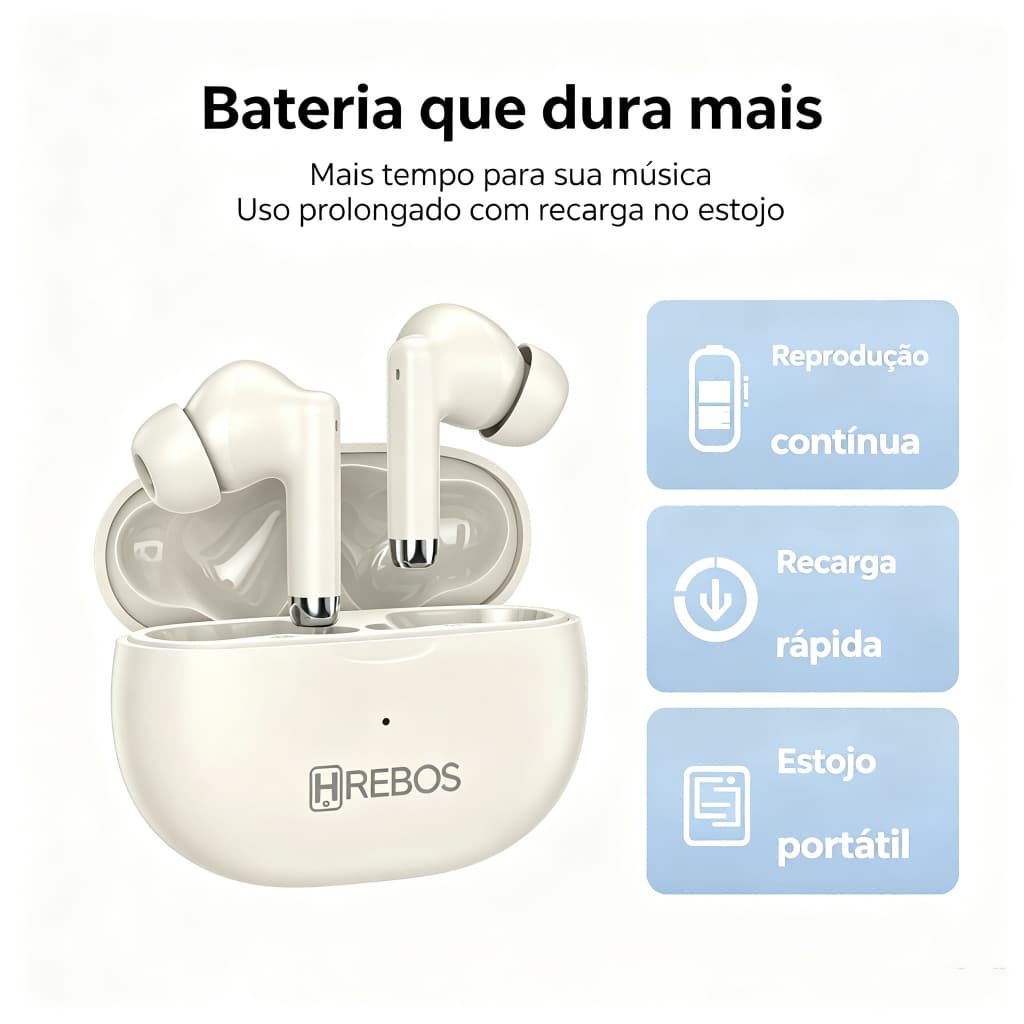 Fone Sem Fio Bluetooth 5.4 c Estojo USB-C, TWS Fone Bluetooth de Ouvido Grave Potente mic - HREBOS