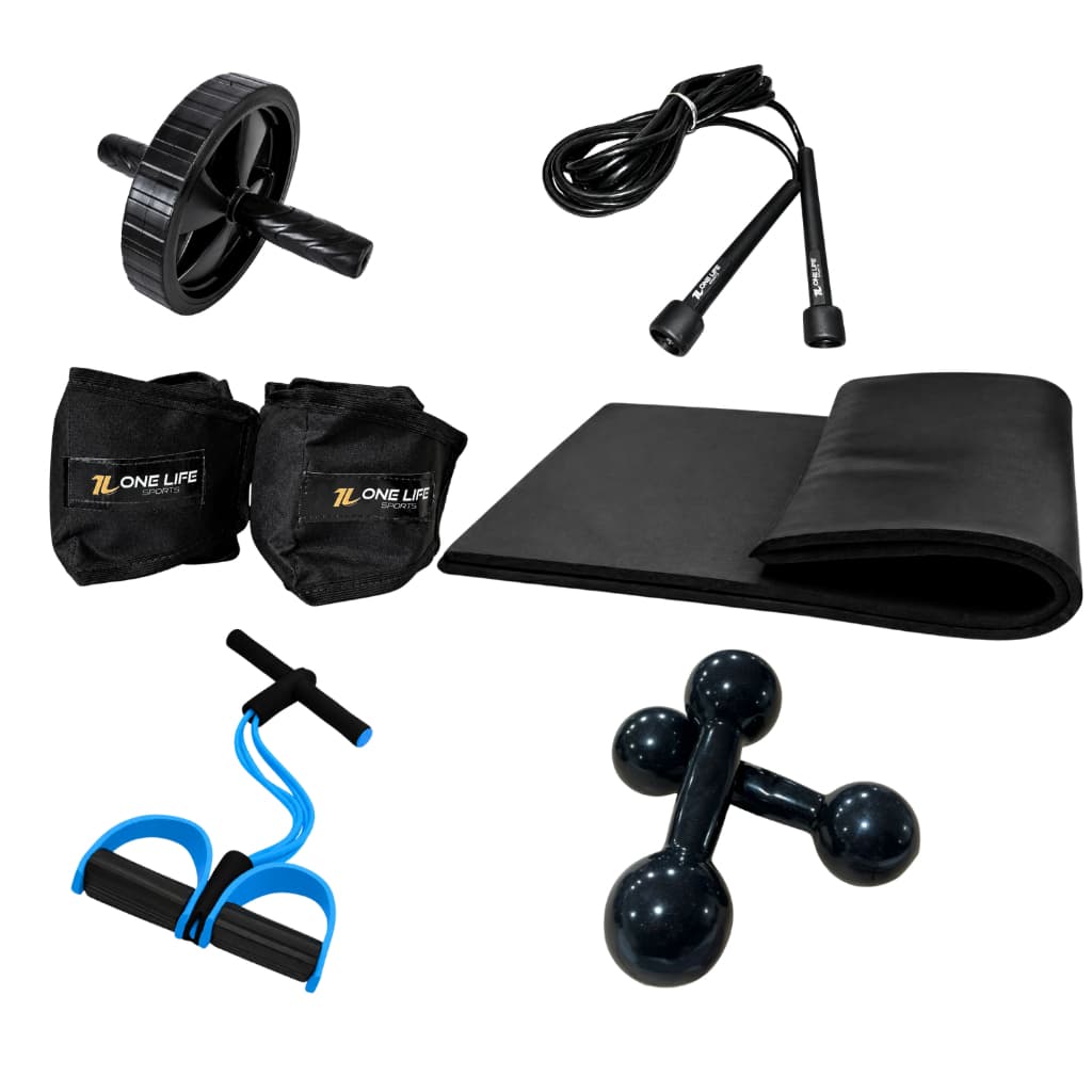 Kit Treino Funcional Caneleira 3kg Halter 3kg Roda Abdominal Extensor Corda Colchonete Academia
