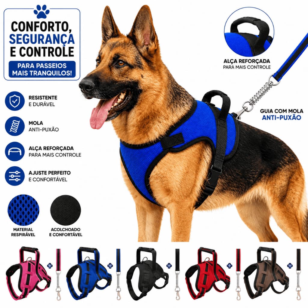 Peitoral para Cachorro Grande com Guia Antipuxão Regulável | Pitbull, Rottweiler, Doberman e Raças Fortes