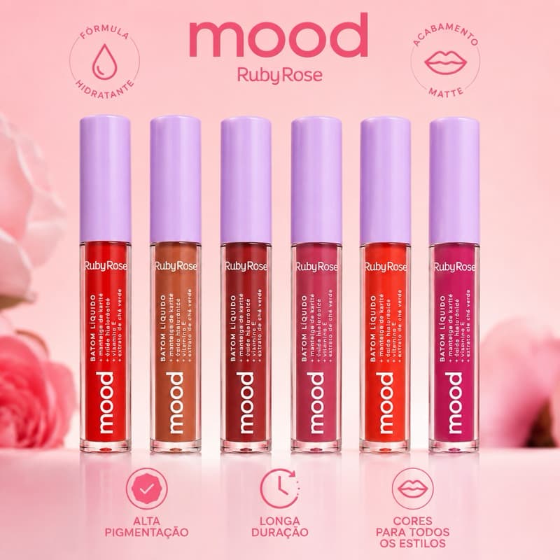 Batom Líquido Mood Ruby Rose Matte Longa Duração Alta Pigmentação Original 3,2ml