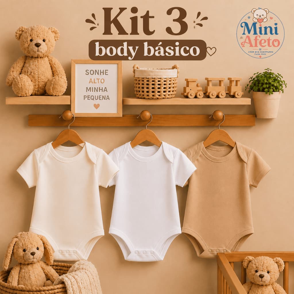 Kit 3 Bodies Bebê Básico Lisos Branco Off White Marrom 100% Algodão Roupa Infantil Unissex Enxoval, roupa bebe infantil