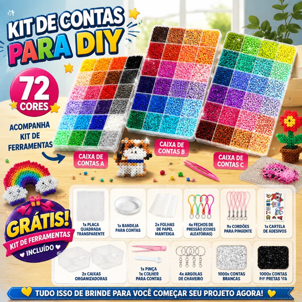 Kit Perler Beads 72 Cores Aproximadamente 30000 Peças com Ferramentas e Caixa Organizadora