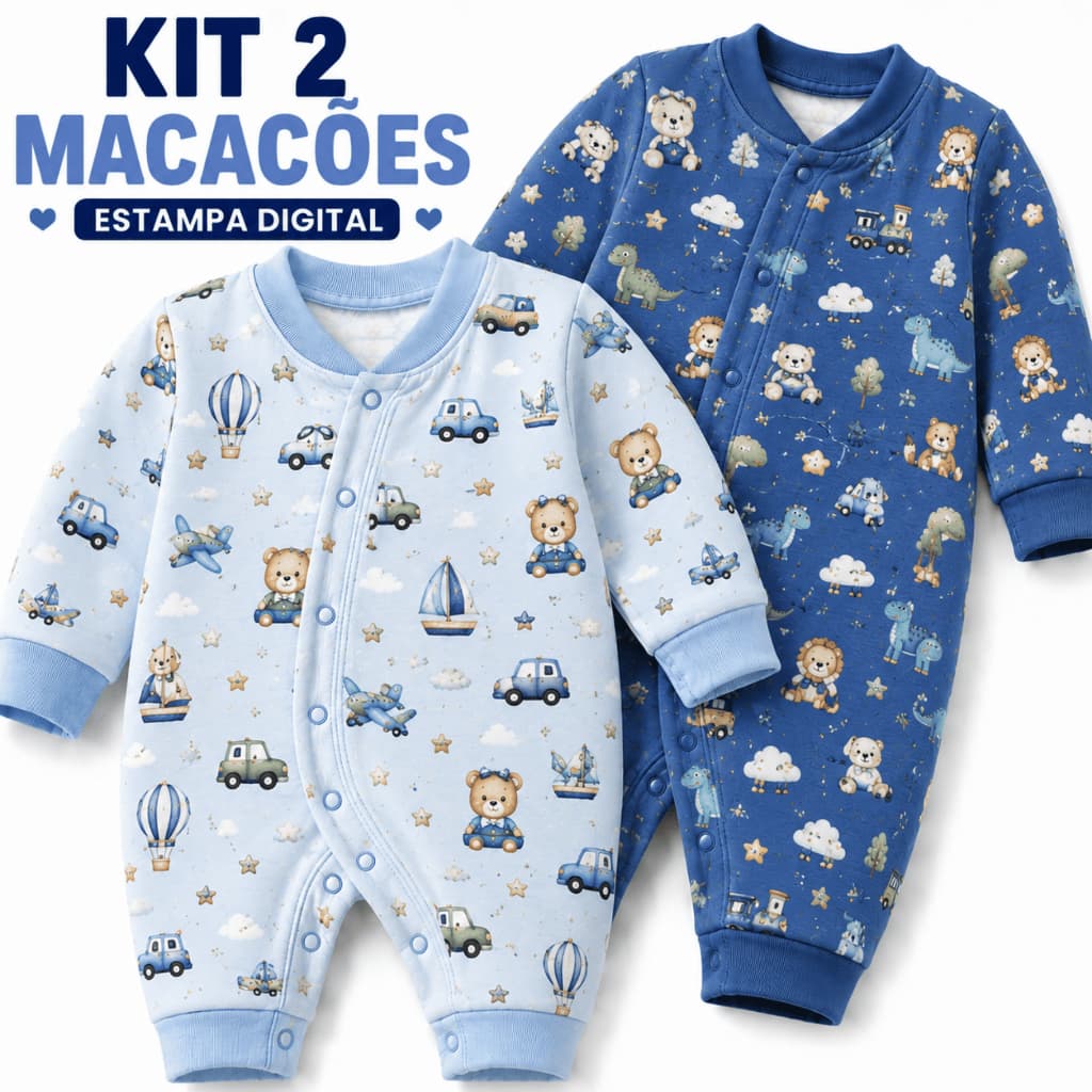 Kit 2 Macacão Bebê Menino Luxo Estampa Digital Premium Algodão Enxoval Recem Nascido Maternidade P M G