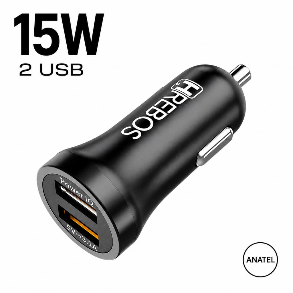 Carregador Veicular 2 USB Turbo 15W Fast Charge Hrebos HS-182 para Carro Celular iPhone Android Anatel Original
