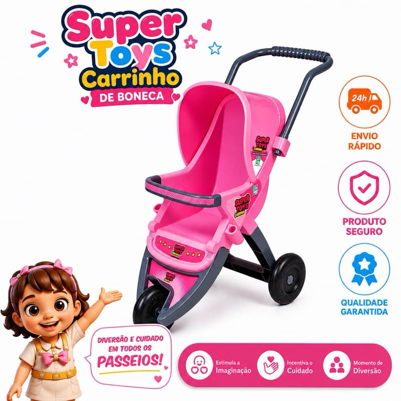 Carrinho De Boneca Rosa com Alça 3 Rodas Passeio Menina