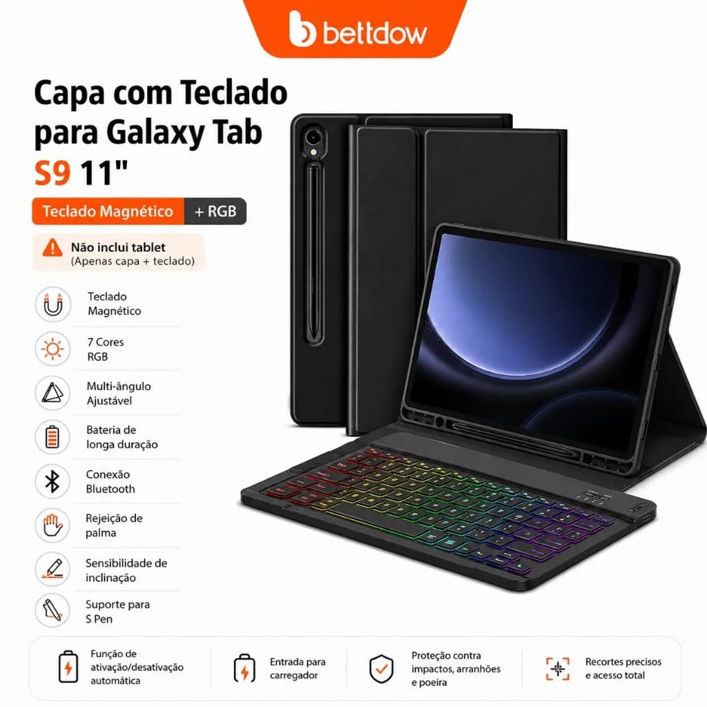 BETTDOW Samsung Tab S9/S9 FE Lite 11 polegadas Teclado Bluetooth + Capa com Slot para Caneta (Tablet Não Incluso)
