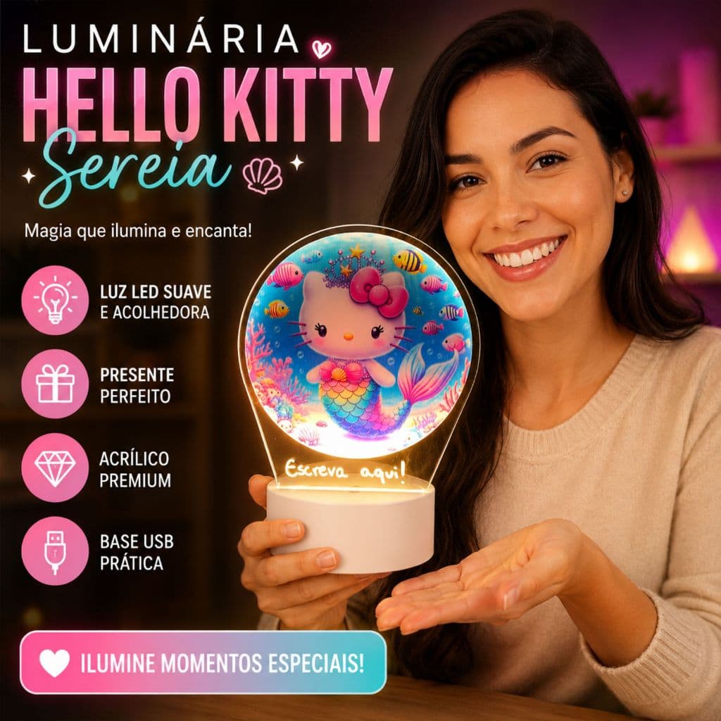 Luminária LED UV Hello Kitty Sereia 3D Colorida Abajur Decorativo Quarto Infantil Presente Menina Luz Noturna Decoração