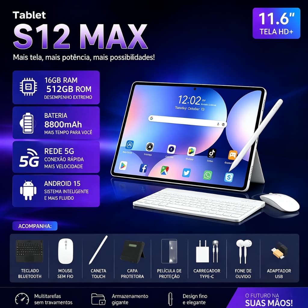 Galaxy Tablet S12 MAX 11.6" 16GB RAM 512GB ROM Android 15 5G WiFi Tela HD+ Processador MTK6799 com Teclado Mouse Caneta