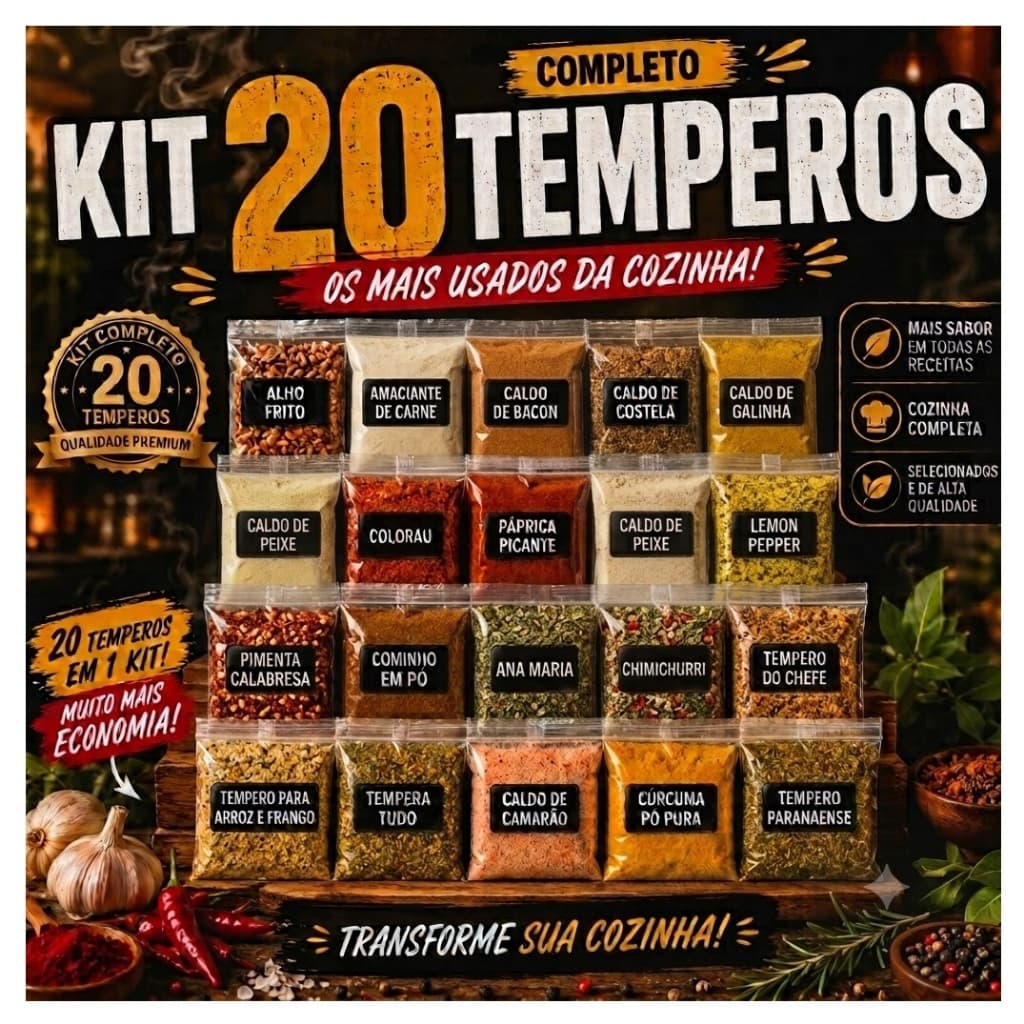 Kit 20 Temperos Naturais Completo Alho Frito Lemon Pepper Páprica, Ana Maria e Mais