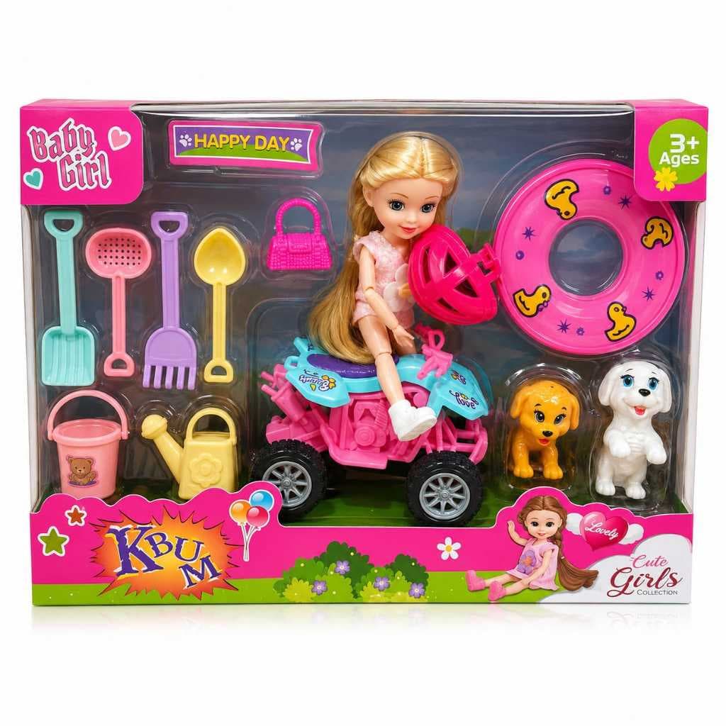 Kit Boneca Articulada Com Motinha Quadriciculo Scooter  E Acessórios Pets