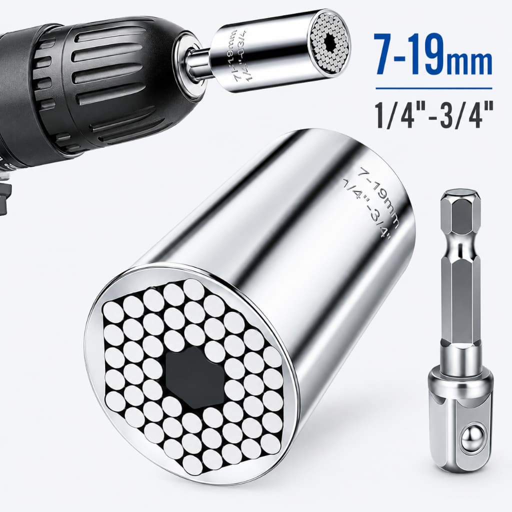 Soquete Universal 7-19mm com Adaptador para Furadeira Parafusadeira Chave Catraca Multiuso 1/4''-3/4''