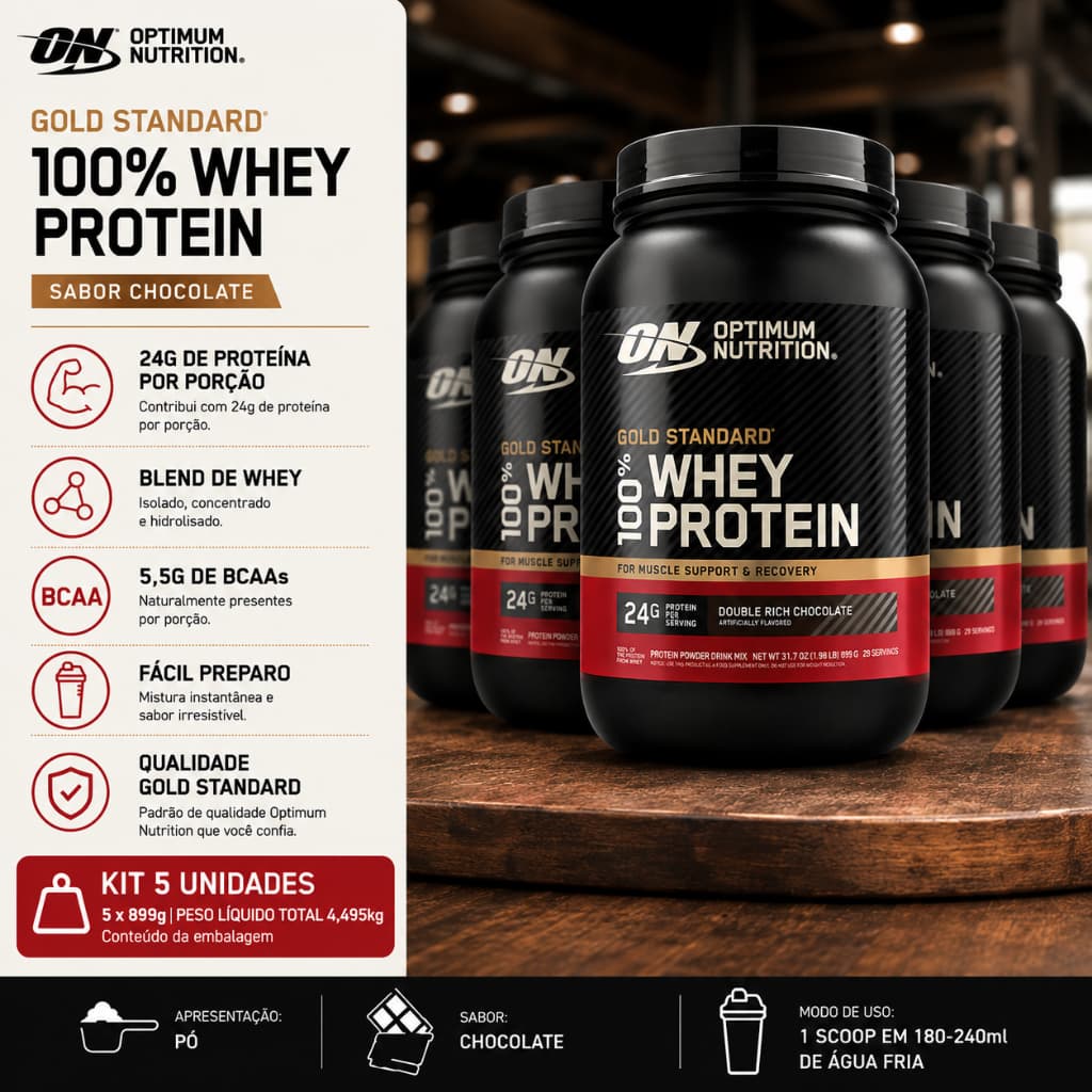 Kit 5 Whey Protein Gold Standard 100% Optimum Nutrition Chocolate 899g