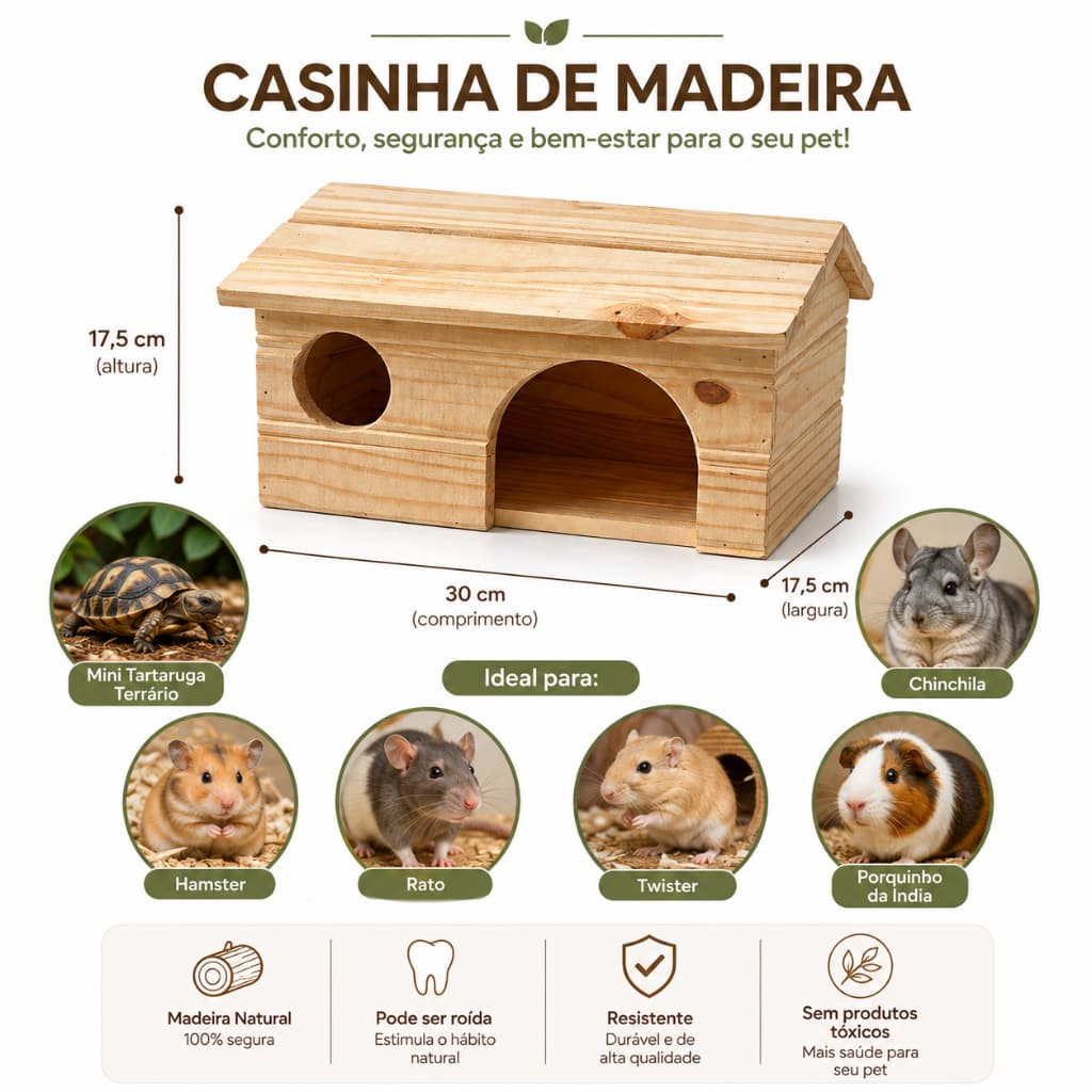 Casinha Toca Madeira Natural para Hamster Chinchila Porquinho da Índia