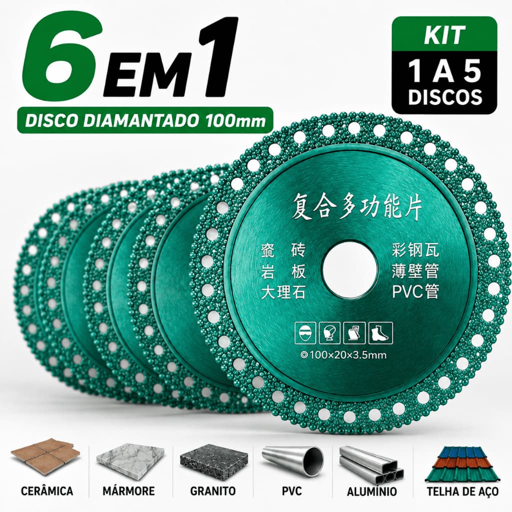 Kit 1 a 5 Discos Diamantados 100mm 6 em 1 Para Cerâmica Mármore Granito PVC Alumínio Esmerilhadeira