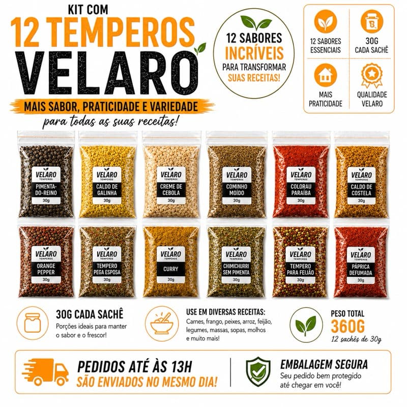 Kit 12 Temperos Velaro 30g Cada | 360g | Mix Completo para Carnes, Frango, Arroz, Feijão, Peixes e Receitas