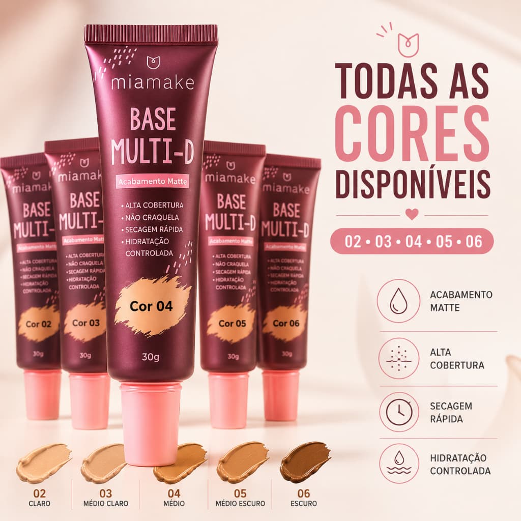 Mia Make Base Líquida Efeito  Matte Multi-D  Alta Cobertura Maquiagem Facial Make up