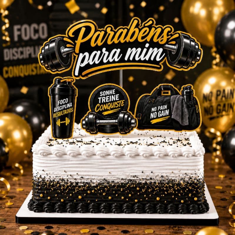 Topo de Bolo Tema Academia Fitness Masculino Parabéns para Mim Aniversário Musculação Treino Halter Coqueteleira Eventos