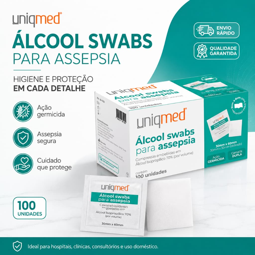 Kit Alcool Swab Isopropílico 70% Uniqmed 100 Unidades Lenço para Assepsia Sachê Profissional Dupla Camada