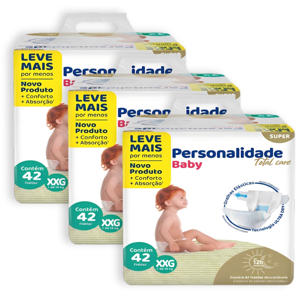 Kit 3 Fralda Personalidade Baby Total Care XXG Total 126 Unid