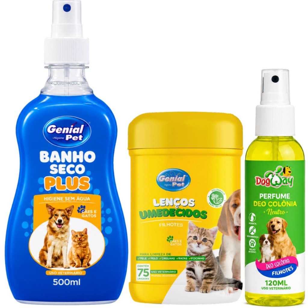 Kit Shampoo Banho a Seco Lenço Umedecido e Perfume Para Cachorro e Gato Pet