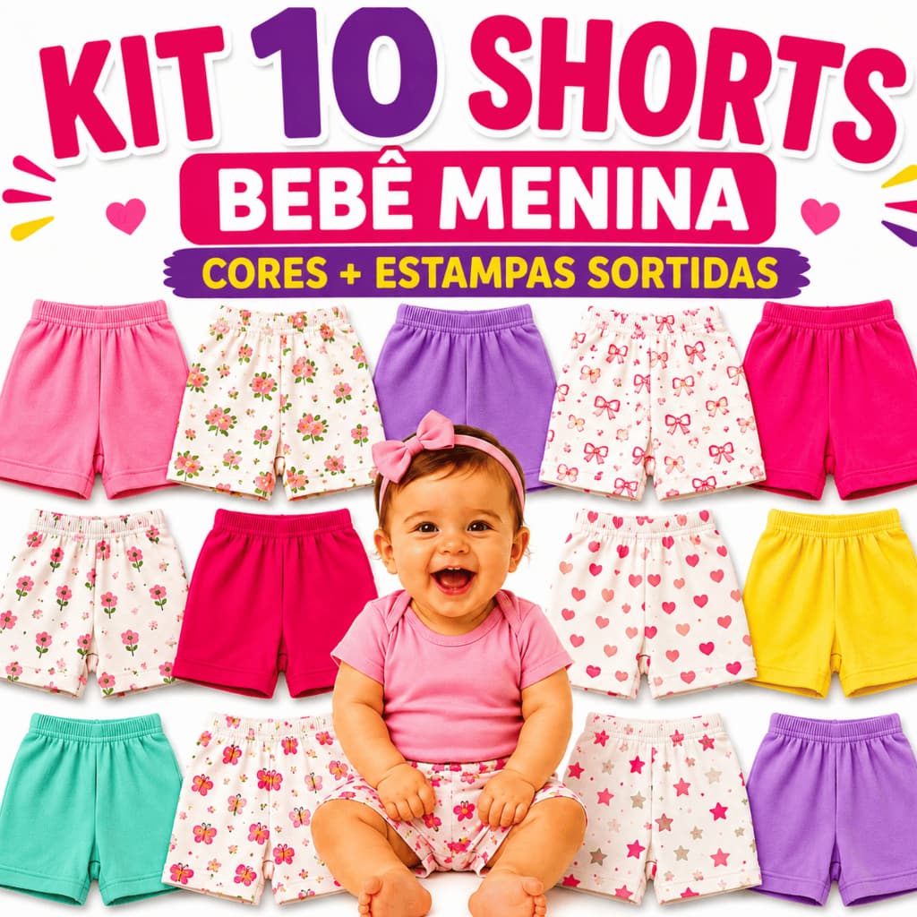 Kit 10 Tapa Fralda Bebê Menina Shorts Algodão Roupa Bebê Verão Enxoval Recém-Nascido RN P M G
