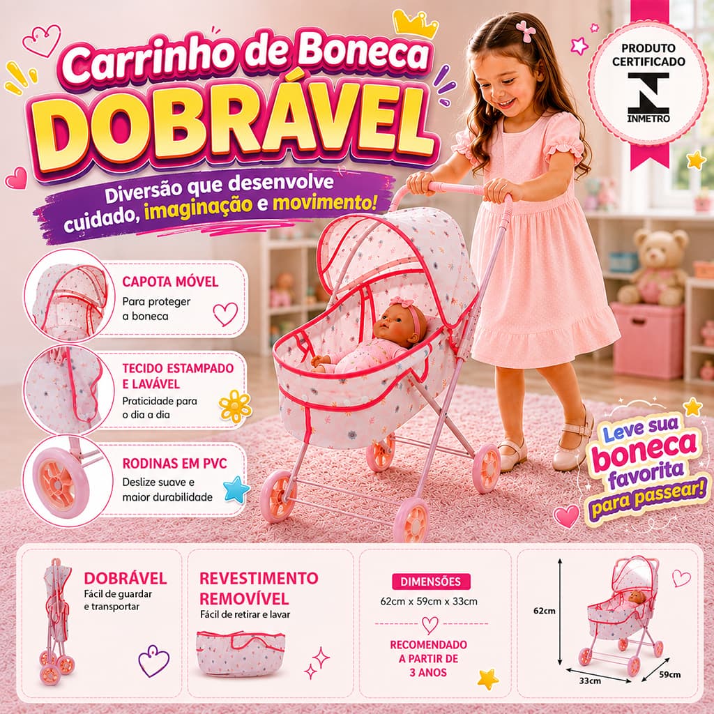Lindo Carrinho Boneca Rosa Moises Metal Dobrável Cesto Lavável Passeio Reborn Menina Cestinho Luxo Rodas Macias Seguro