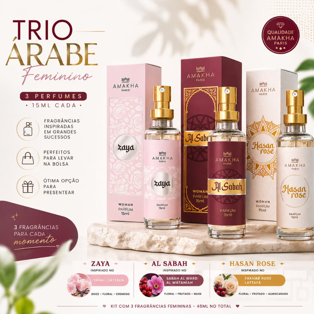 Kit 3 Perfumes Árabes Femininos Amakha Paris Zaya Al Sabah Hasan Rose 15ml Fragrâncias Importadas