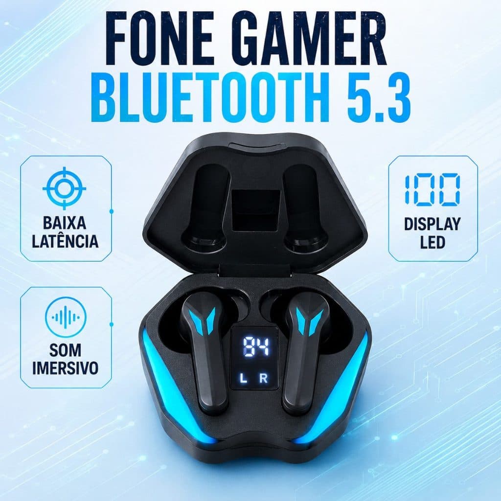 Fone Gamer Bluetooth TWS Sem Fio com Estojo de Recarga Display LED USB-C para Celular Tablet Notebook Jogos e Música