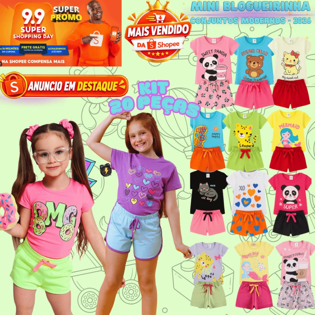 Kit 20 peças Conjunto Infantil Menina Estampado Infantil Verão Roupa de Bebê Criança Blogueirinha