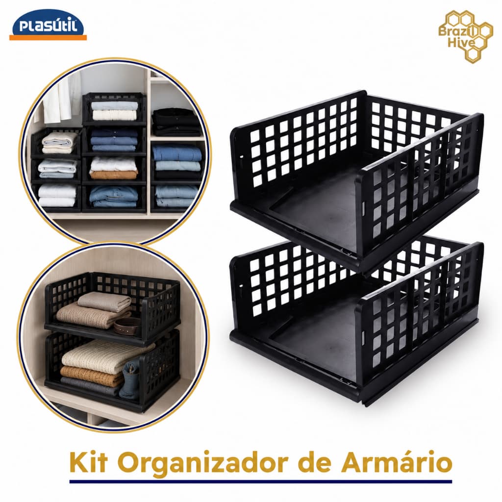 Kit Organizador Armário, Cozinha, Banheiro, Lavanderia, Dispensa, Multiuso, Prateleiras, Empilhável