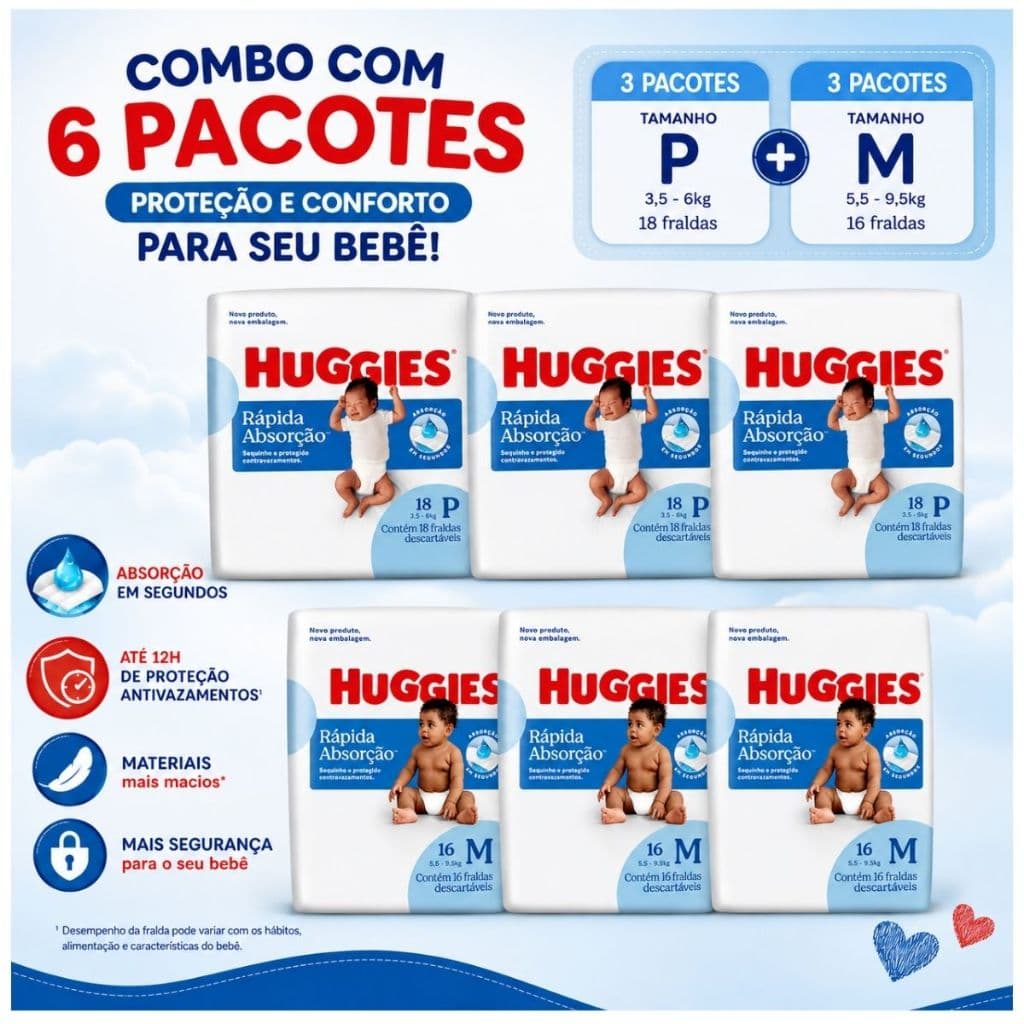 102 Fraldas Huggies Rápida Absorção - 54 P E 48 M