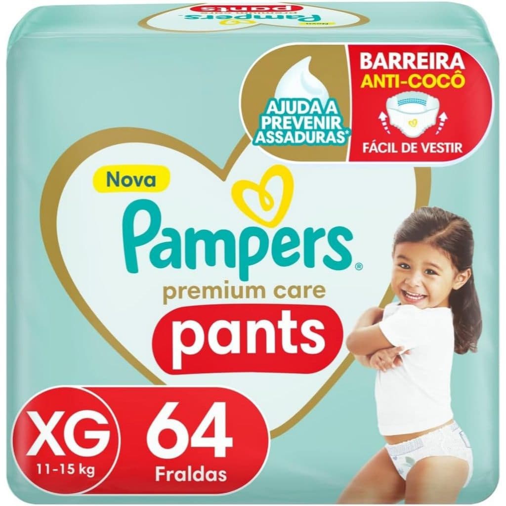 Fralda Pampers Premium Care Pants Tamanho XG, Fácil de Vestir, 64 Unidades