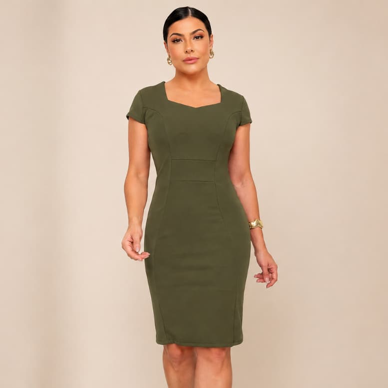 Vestido Tubinho Midi Decote Princesa – Moda Evangélica Elegante - manga japonesa Confortável DIANA
