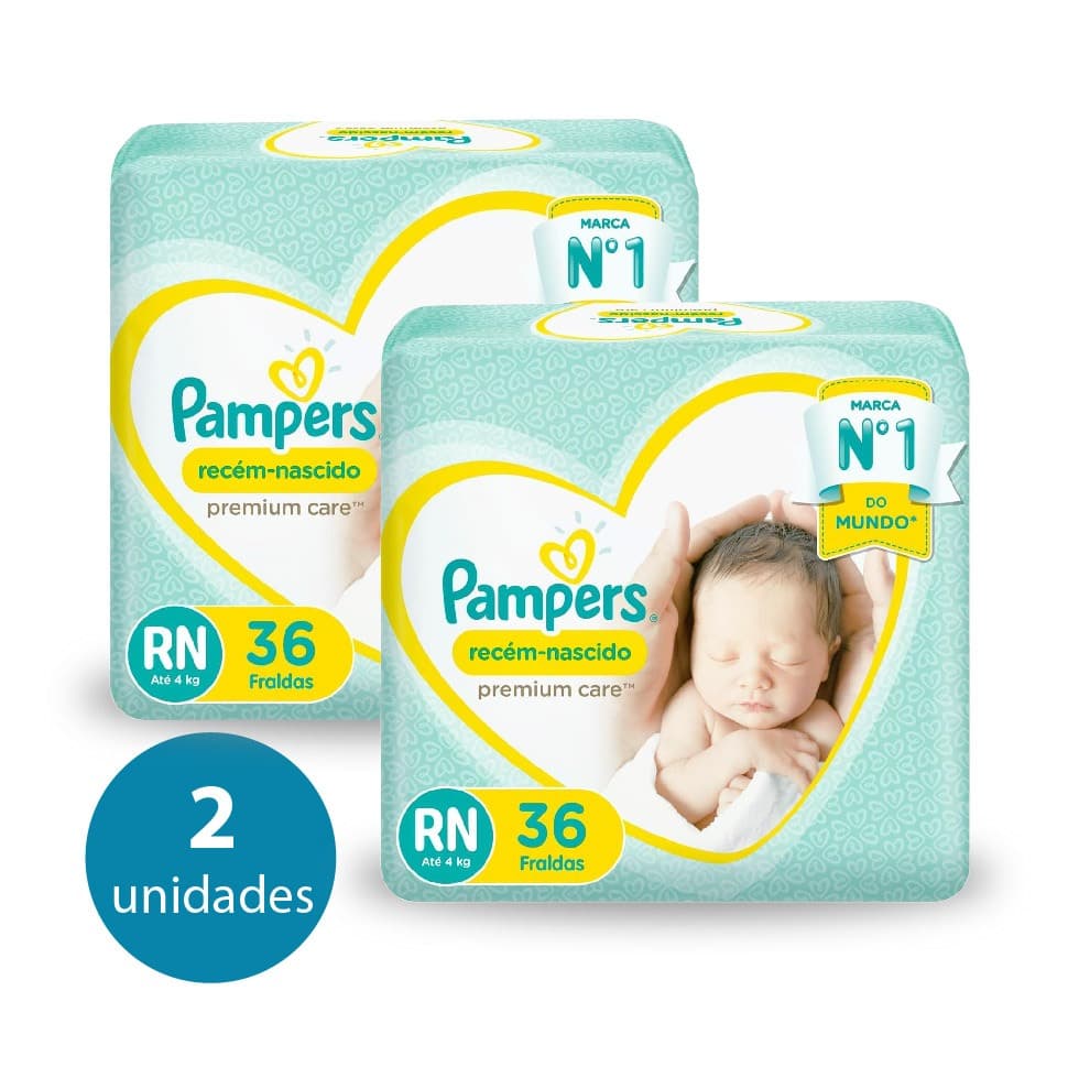 Kit 2 Pacotes Fraldas Pampers Premium RN até 4kg 36 Fraldas