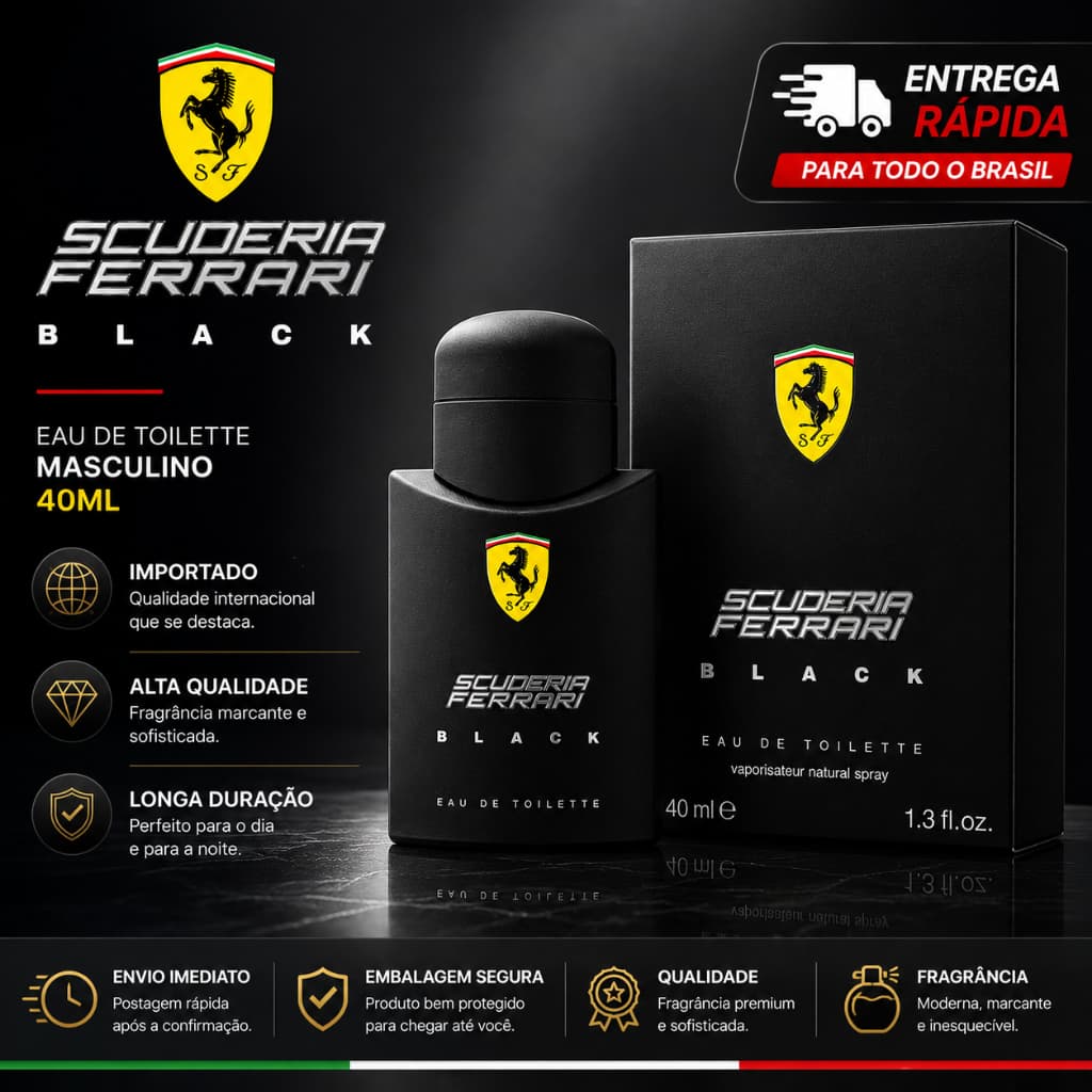 Perfume Ferrari Black Masculino 40ml Eau de Toilette Importado | Fragrância Marcante Amadeirada e Cítrica | Envio Rápido