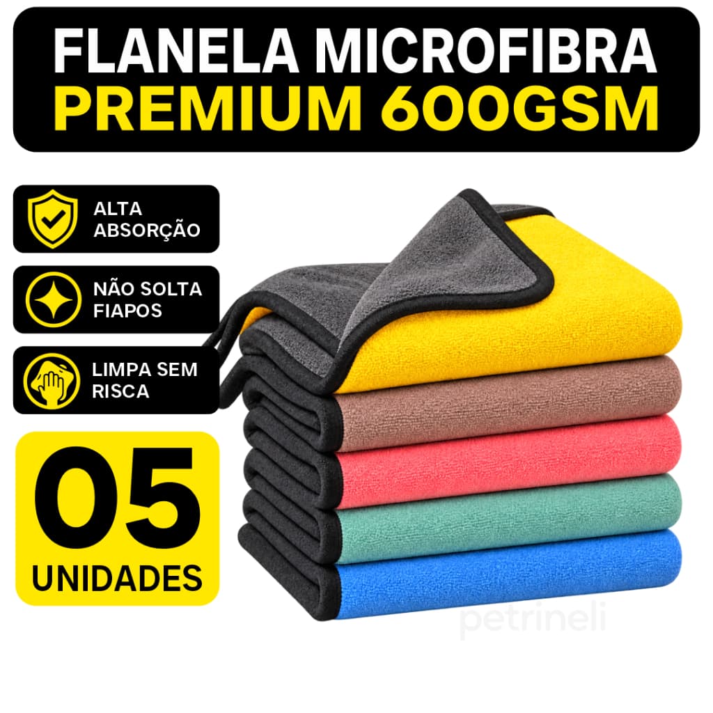 Kit 05 Pano Flanela Microfibra Automotivo 600G Grosso Premium Para Lavagem polimento de Carro Grande