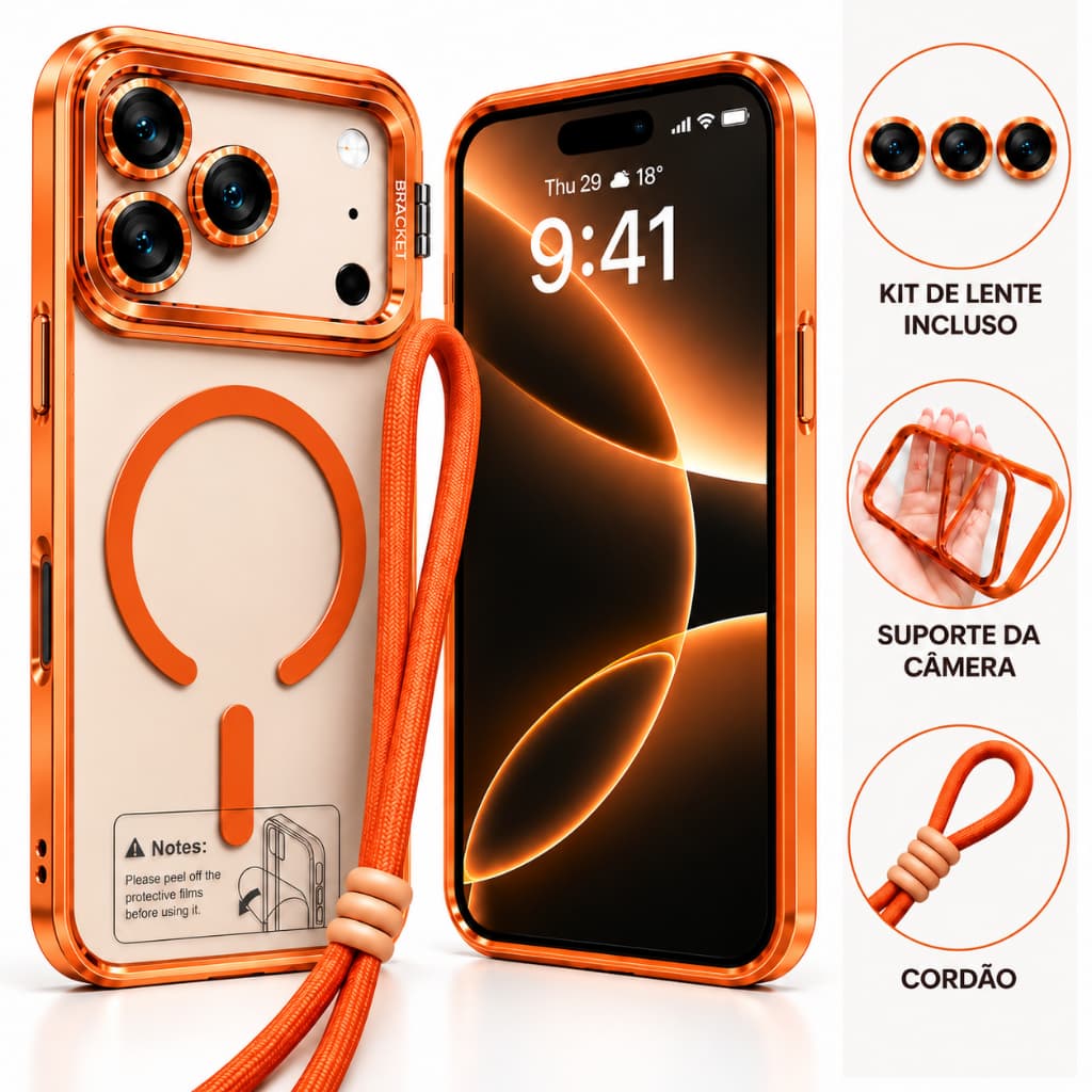 Capa Capinha Case de Celular Magsafe com Suporte Cordão Proteção de Câmera e Lente para iPhone 13 14 15 16 17 Pro Max