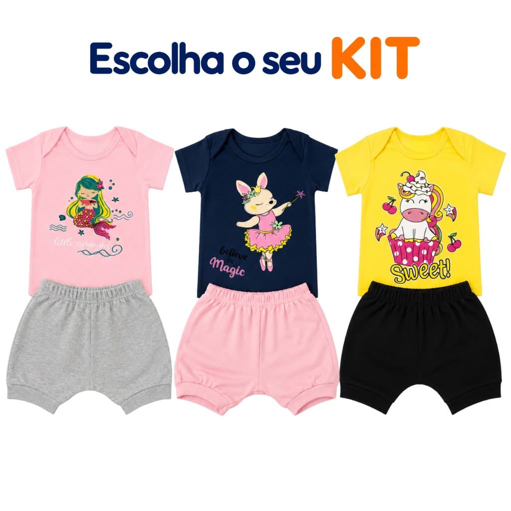 Kit 1 ou 3 Conjuntos Bebê Menina Body + Shorts Tapa Fralda Estampas Fofas Enxoval de Bebe Menina
