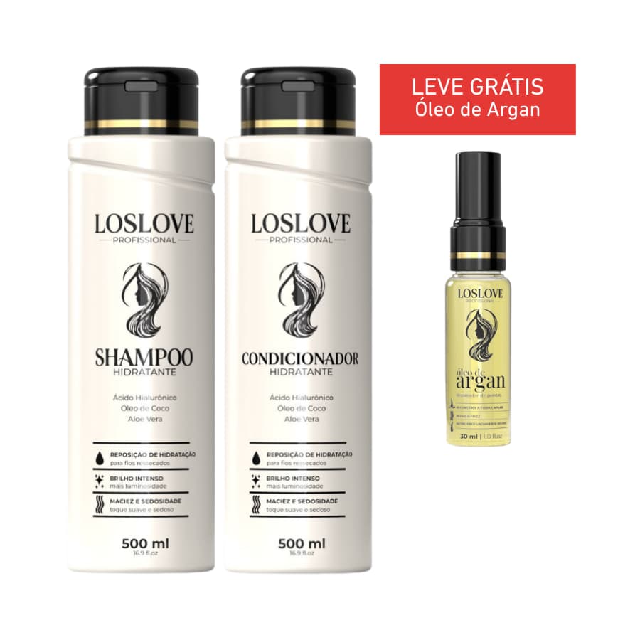 Loslove Kit Shampoo Hidratante 500ml + Condicionador 500ml + Óleo de Argan 30m Reparador de Pontas