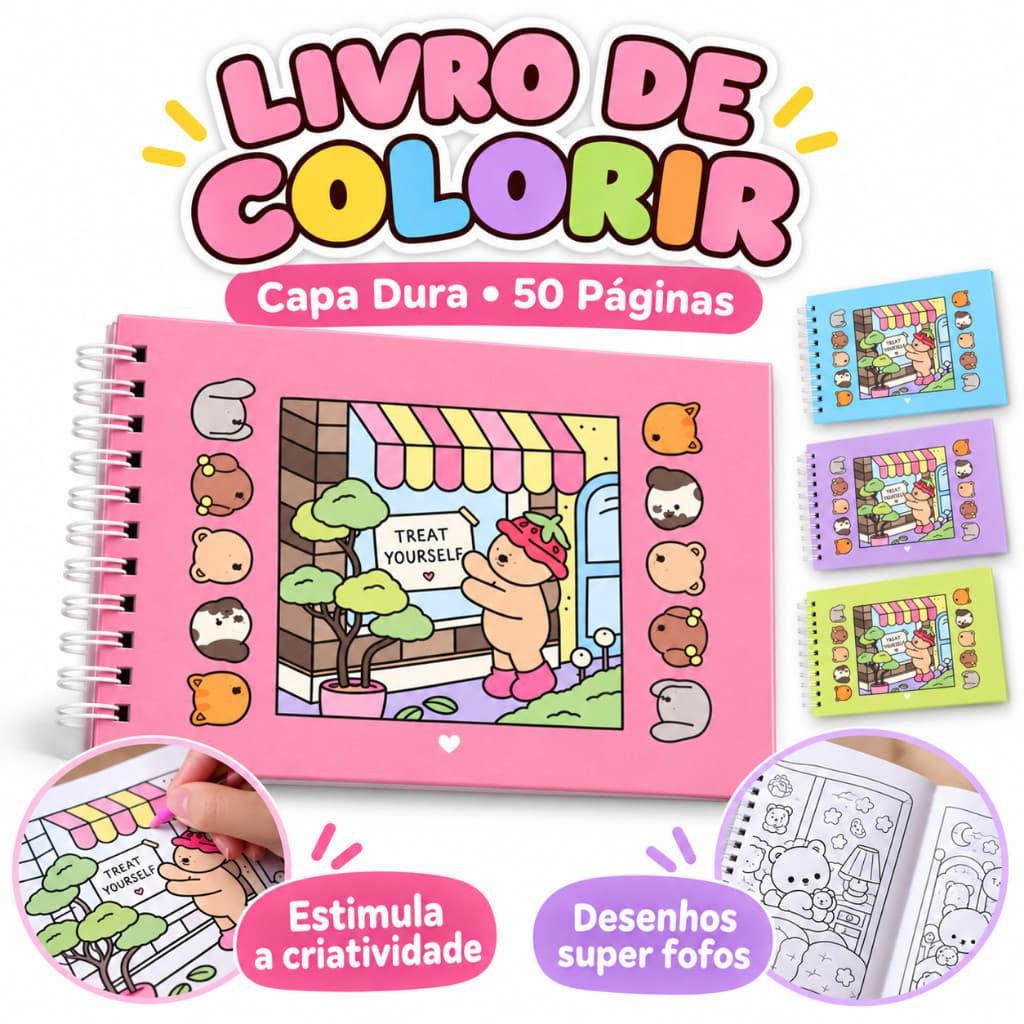 Livro de Colorir Caderno Capa Dura 50 Páginas Ilustrações Fofas Antiestresse Azul Rosa Roxo Amarelo